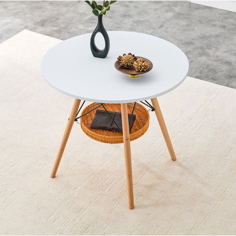 Tavolo da pranzo rotondo Ø 80 cm con cestino portaoggetti, bianco e legno DESVIAE (1/5)