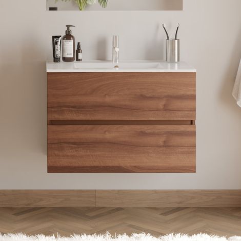 Meuble de salle de bain 80cm simple vasque - 2 tiroirs - sans miroir - noyer (bois foncé) - IDA (1/5)