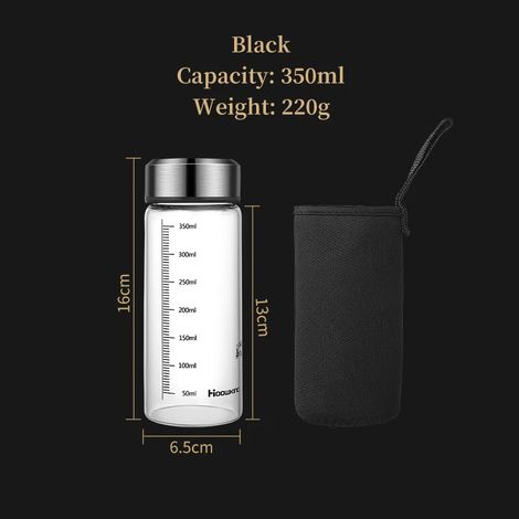 (Noir, 350 ml) Bouteille d'eau portable en verre, thermos, avec graduations, adaptée aux sports de plein air. (1/5)