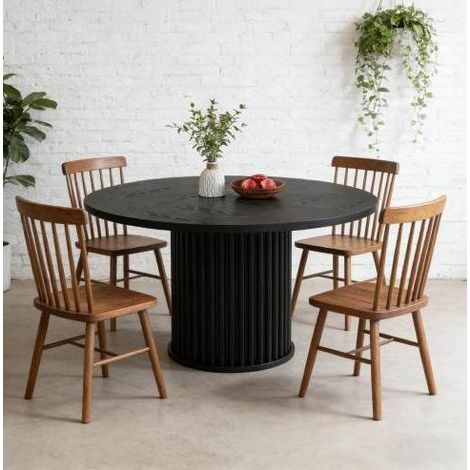 REDOM - Mesa de comedor redonda 120x120x75 cm, para 6 personas, uso versátil, base metálica, madera negra (1/5)