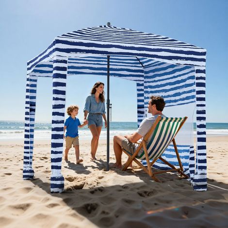 Tonnelle de Plage 1,83x1,83 m, Abri de Plage avec Parois Latérales, Poches à Sable et Sac de Transport, Tente de Camping Extérieur, Protection UPF 50+, Hauteur Réglable, Ombrage Spacieux (1/5)