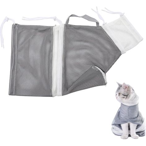 Katzen-Duschnetztasche, verstellbare Katzen-Waschtasche, multifunktionale Katzen-Rückhaltetasche zum Katzenbaden, Krallenschneiden, Ohrenreinigen (3 Stück, Blau + Rosa + Grau) (1/5)