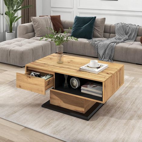 Table Basse Salon en Grain de Bois, Tiroir sans Poignée, Compartiment de Rangement, Compartiment Arrière, Rangement Double Face, 100 x 47x 60 cm