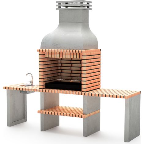 MOVELAR - Barbacoa de Obra Prefabricada de Leña y Carbón Modelo Altea Plus (Gris, Naranja - 268 x 70 x 255 cm) REF: M00044 - Cocina de Exterior con Lavabo para Jardín y Terraza (1/2)