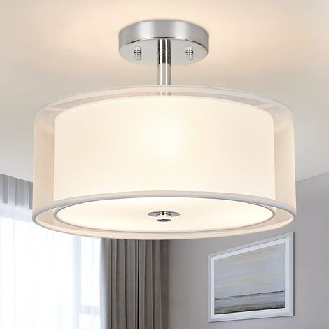 Plafonnier moderne 3 lumières 12,6" avec double abat-jour en tissu, luminaire chromé brossé pour salon, salle à manger, chambre