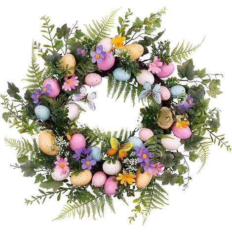 Couronne de Pâques avec guirlande de feuilles vertes artificielles pour la porte d'entrée et le printemps (1/4)