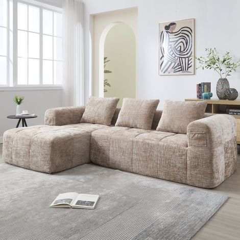 Neche – Canapé d'angle modulable 3 places 250cm – Tissu chenille doux kaki – Poches de rangement – Éponge haute densité pour confort optimal