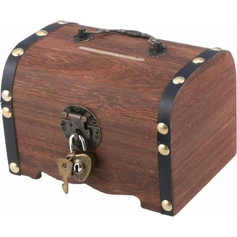 Tirelire de coffre au trésor en bois rétro, petite boîte en bois antique, tirelire décorative, boîte de rangement pour économiser de l'argent, décoration de la maison de cadeau de mariage (1/5)