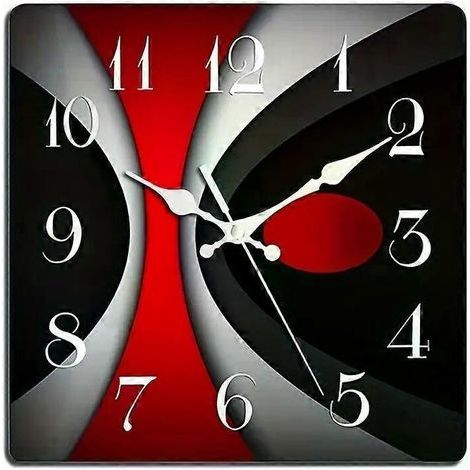 Wanduhr aus Holz (1 Stück). Rot, schwarz und grau. Modernes, unregelmäßiges Design.