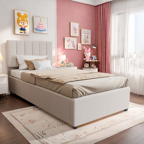 Lit Enfant 90x200cm, Lit Simple avec Rangement Hydraulique, Tête de Lit Réglable, Cadre en MDF et Tissu Lin, Lit Coffre avec Sommier à Lattes, Beige (1/5)
