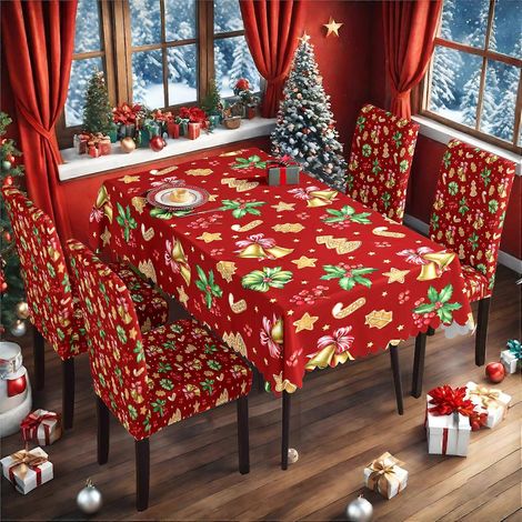 Ensemble de nappe et housse de chaise de Noël en soie de lait imperméable, imprimé, référence TC-241 (140 x 210 cm). (1/2)