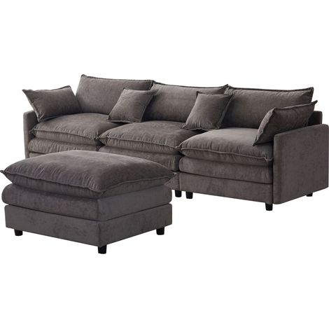 Canapé d’angle modulable en chenille premium – 3 places avec chaise longue et pouf, canapé en L confortable pour petits appartements, salon et lounge, confort respirant pour toute la famille (1/5)