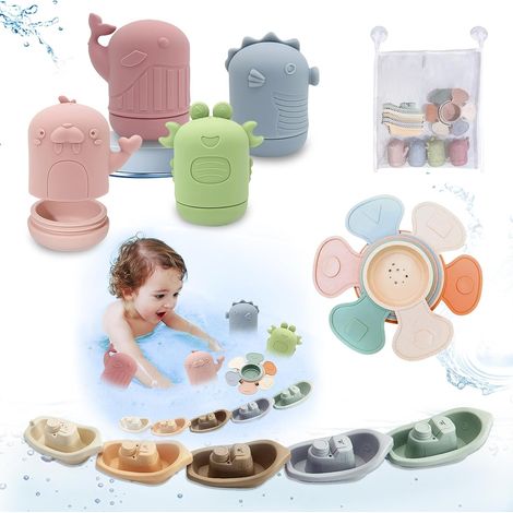 Set of 15 Bath Toys, Sensory Squeeze Toys With Stacking Boats and Spoon, Toys for Beach or Outdoor, Animals Floating Toys, for 1-4 Years Old (1/5)
