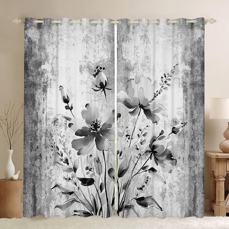 Rideau Occultant 140x260 cm Peinture À l'huile Abstraite, Rideau Ferme Rustique, Rideaux Voilage Fleurs D'Aquarelle, Voilage Fenetre Floral Gris pour Chambre Salon - 140L X 260H cm (2 Panneaux) (1/5)