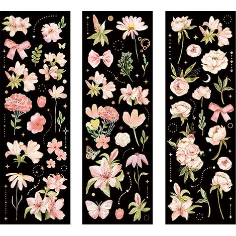 Lot de 3 autocollants vintage fleurs naturelles pour scrapbooking, journal, cartes, bouteilles, ordinateur, téléphone rose (1/5)