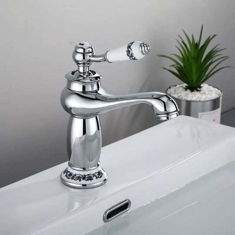 Robinet de lavabo en laiton céramique porcelaine noire et blanche col long rétro floral apporter de l'eau froide et chaude robinet d'eau (chromé) (1/4)