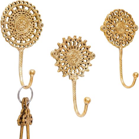 Lot de 3 crochets muraux vintage pour suspendre manteaux, crochets muraux décoratifs bohèmes pour mur en laiton, crochets muraux pour clés, porte-manteaux, crochets muraux dorés pour (1/4)