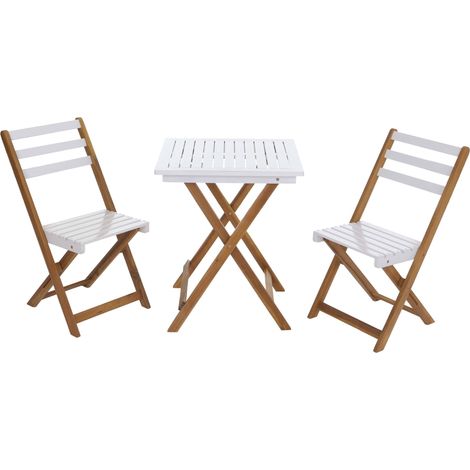 Ensemble HWC-P71, salon de jardin 2 chaises et table, bois d'acacia pliable - naturel-blanc (1/5)