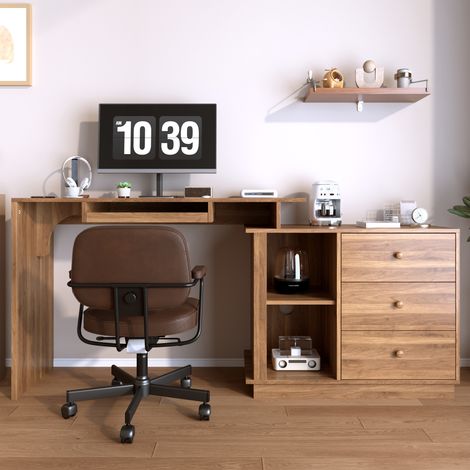 Modernluxe - Bureau extensible moderne - tablette pour clavier - compartiments de rangement ouverts et 3 tiroirs - marron (1/5)