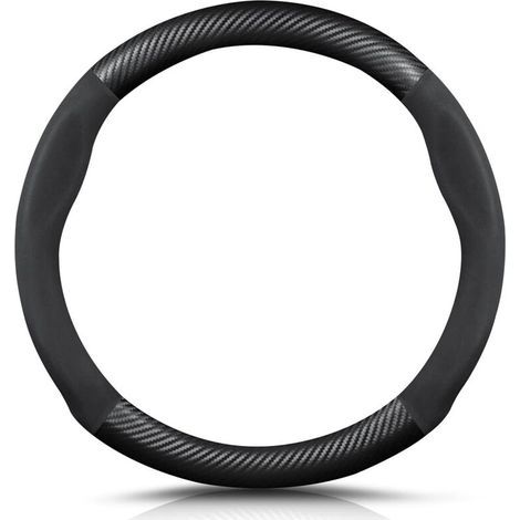 Round Shape Carbon Fibre & Microfibre PU Leather Steering Wheel Cover Non-Slip Car Steering Wheel Cover Breathable Sport Car Steering Wheel Cover for Diameter 38 cm (15 Inches) - Black (1/5)