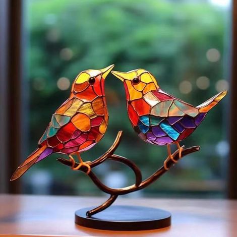 Figurine d'oiseau décorative et créative, ornée de motifs floraux et d'oiseaux, idéale pour décorer un bureau, une cave à vin ou représentant deux colibris. (1/5)