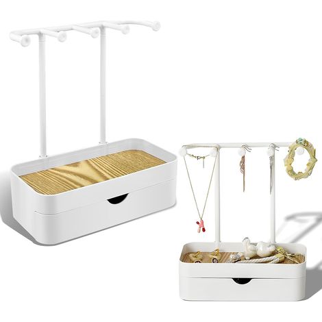 1 Espositore organizer per gioielli, porta collane con vassoio in legno, supporto per collane, ganci per riporre gioielli come collane (Bianco - Doppio) (1/5)