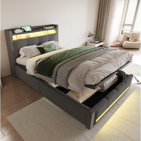 Cama tapizada 90x200 cm gris, tela de lino, con LED, USB y almacenaje hidráulico (1/5)