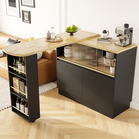 Credenza bar girevole 90x45x100 cm nera in MDF con porta scorrevole in vetro (1/5)