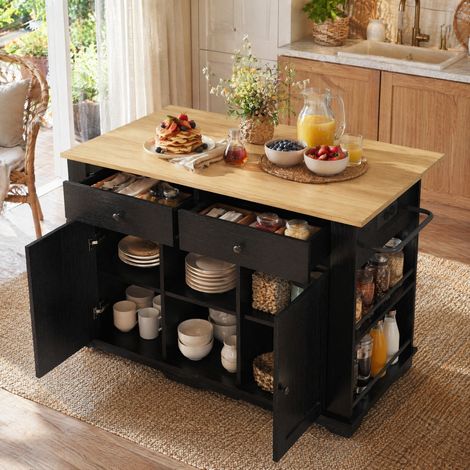 Meuble de cuisine îlot avec prises, 151,5 x 59,7 x 91,7 cm, noir et naturel HAVRYA (1/5)