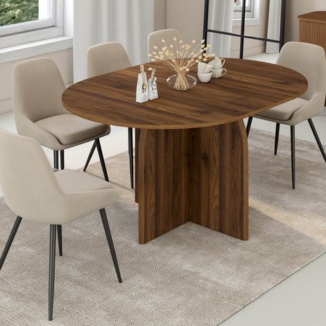 Mesa de comedor redonda extensible de estilo <> EDITH, para 4-8 personas, con pata central de diseño redondeado en nogal, (1/5)