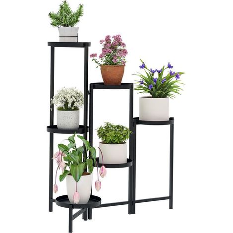 Support pour pots de fleurs, support pour plantes à 6 niveaux ronds réglables, support d'angle pour pots de fleurs, métal, noir (1/5)