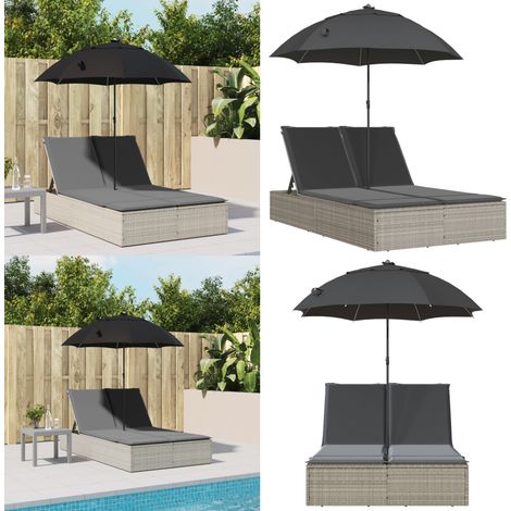 Chaise longue double avec coussins et parasol gris clair rotin - Chaises Longues Doubles - Transats - Lit De Bronzage - Mobilier De Jardin - Chaises Extérieures - Home & Living