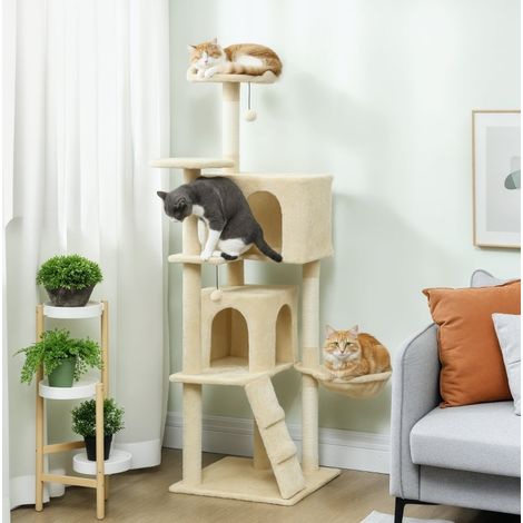 Tiragraffi per gatti 160 cm con amaca, scala, cuccia e pali in sisal, beige DESVIAE (1/4)