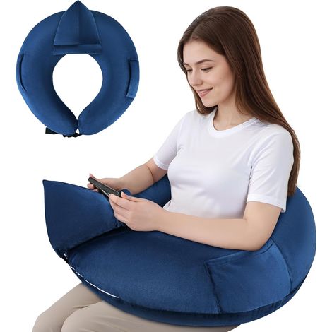 Coussin de lecture pour jeux, accoudoir, coussin de livre, coussin lap en forme de U avec poche latérale pour s'asseoir dans le lit, le canapé/le sol, coussin en crochet avec support pour tablette (1/5)