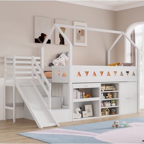Lit enfant multifonctionnel 90 x 200 cm avec toboggan, escalier, rangements et sommier blanc HAVRYA (1/5)
