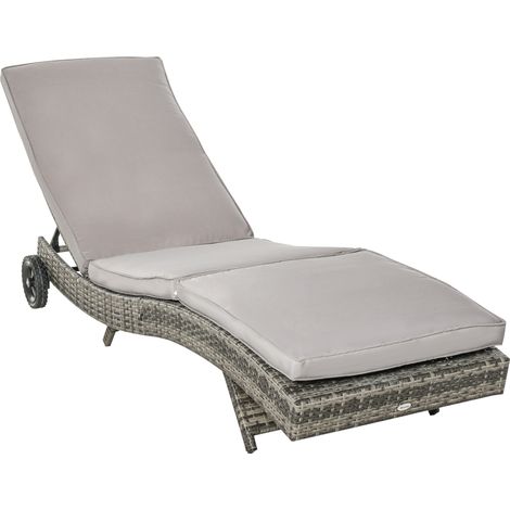 Chaise de jardin en rattan PE avec dossier réglable et coussin, 207 x 70 x 70 cm, gris (1/5)