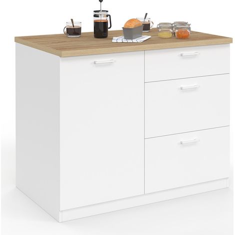 Idmarket – Îlot central TIBO 110 cm – Casserolier 3 tiroirs – Bois blanc avec plan de travail hêtre – Dimensions 110x70x90 cm