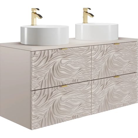Mobile bagno sospeso testurizzato con doppio lavabo da appoggio rotondo Beige 120 cm - RINAREL (1/5)