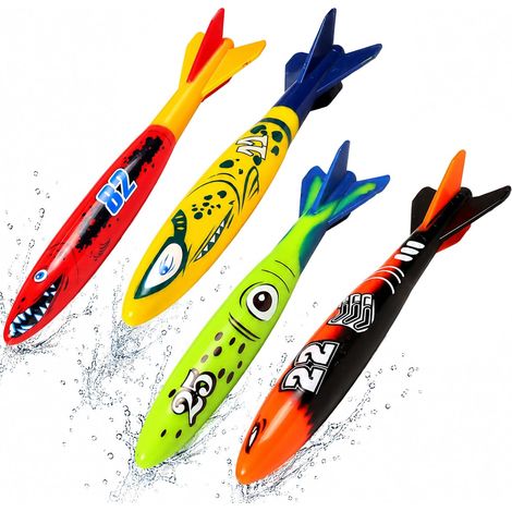 4 Diving Torpedoes, Sinking Toys for Swimming Pool and Water Games 4 colorful flowing torpedoes, easy to spot and grasp, perfect for pool, bathtub, beach and water games (1/5)