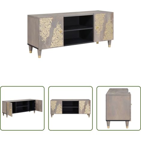 Rangement - Meuble TV Gris 105 x 33 x 46 cm Bois de mangue massif (1/5)