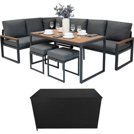 Set da Giardino in Alluminio Effetto Legno con Cassapanca in Rattan Nera – Divano Angolare 7 Posti, Tavolo da Pranzo, 2 Sgabelli, Cuscini, Baule 582L con Coperchio a Gas, Copertura Impermeabile e Bors (1/5)