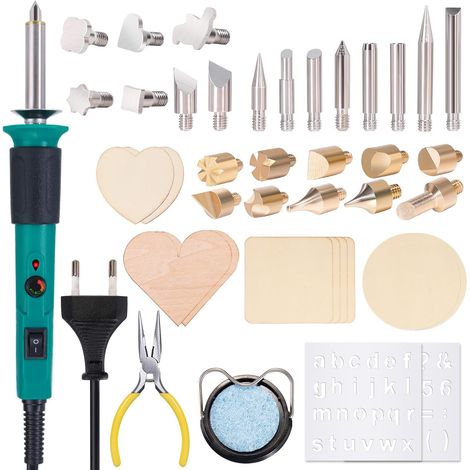 930-IV Brandmalerei Lötkolben Set Brennkolben für Holz Temperatur Einstellbar mit 25 Pyrografie-Tipps, 10 Brandmalholzstücke(EU PLUG) (1/5)