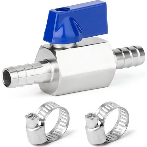 Kugelhahn mit 8-mm-Schlauchanschluss, Edelstahl 304, 2 Klemmen, Tropfbewässerung (1/5)