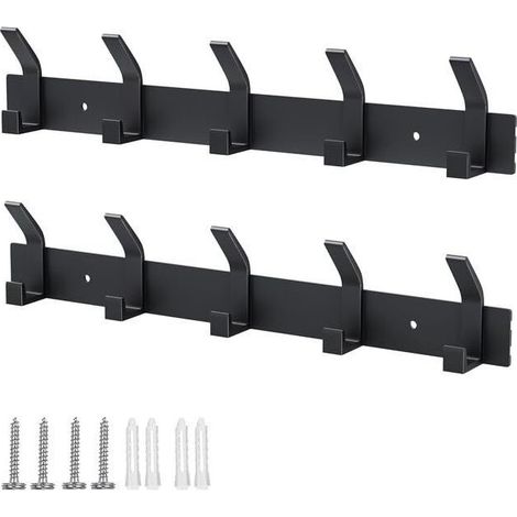 Lot de 2 crochets muraux avec 5 crochets - Aluminium- Chambre à coucher, salle de bain, cuisine, vestiaire - Noir (1/5)