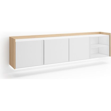 Skraut Home - Mueble TV, Televisión, Muebles de salón, almacenaje, 207x35x50cm, Para TV hasta 80", Colgado, Suspendido, LED, Estilo Moderno, Blanco y roble soft (1/5)