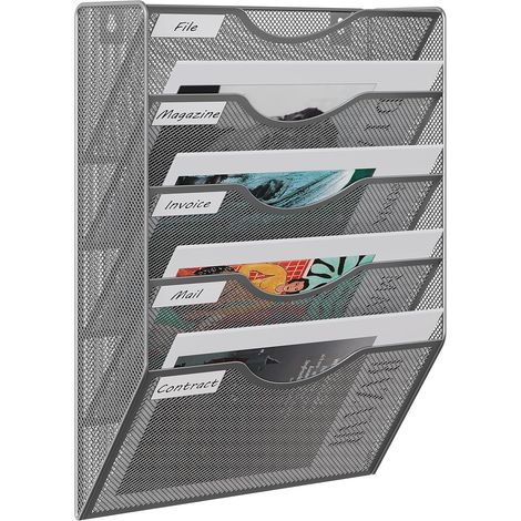 Portadocumenti a Parete A4 5 Compartimenti Metallo Rete,Portariviste a Muro,Porta Lettere da Appendere,Organizzatore Posta da Muro per Ufficio & Casa,Argento (1/5)