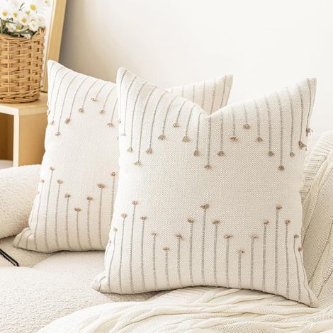 Lot de 2 housses de coussin décoratives texturées neutres 18x18, style ferme, pour canapé, fauteuil, salon, beige et kaki (1/5)