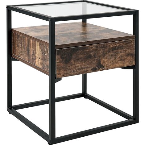 Tavolo piano in vetro struttura in metallo con cassetto legno scuro Mauk