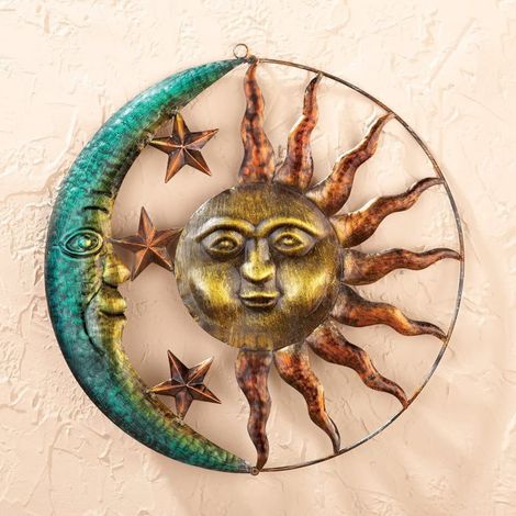 Grand soleil en métal art mural en métal soleil et lune décoration murale en métal soleil et lune art mural en métal extérieur pour la maison jardin patio porche clôture décoration vert A (28.6CM) (1/2)