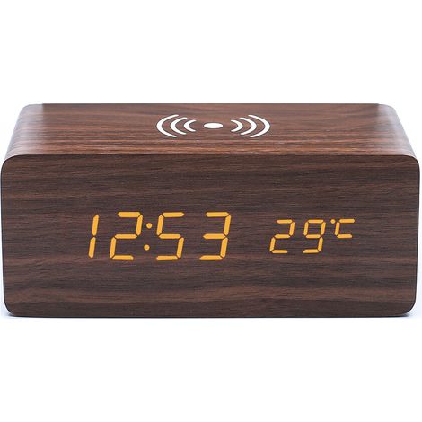 1pc Réveil en Bois brun avec Chargeur sans Fil Qi Compatible avec iPhone Samsung Horloge Numérique LED en Bois Fonction de Contrôle du Son, Affichage de l'Heure, de la Date et de la Température (1/4)
